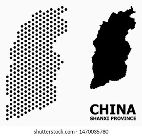 Dot map of Shanxi Province composition and solid illustration. Vector map of Shanxi Province composition of sphere spots with honeycomb geometric array on a white background.