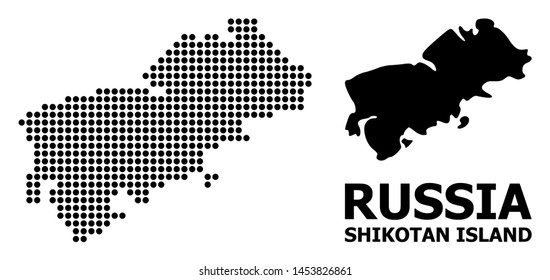Dot map of Shikotan Island composition and solid illustration. Vector map of Shikotan Island composition of spheric elements on a white background.