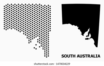 Dot map of South Australia composition and solid illustration. Vector map of South Australia composition of circle dots with hexagonal geometric pattern on a white background.