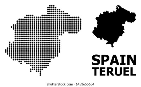 Dot map of Teruel Province mosaic and solid illustration. Vector map of Teruel Province composition of round dots on a white background. Abstract flat territorial plan for educational templates.