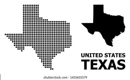 Dot map of Texas State composition and solid illustration. Vector map of Texas State composition of circle dots on a white background. Abstract flat territory plan for educational purposes.