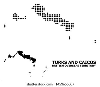 Dot map of Turks and Caicos Islands composition and solid illustration. Vector map of Turks and Caicos Islands composition of round pixels on a white background.