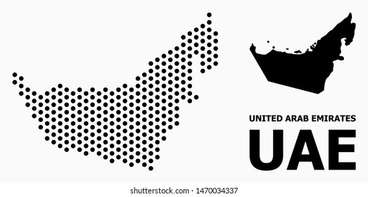 Dot map of United Arab Emirates composition and solid illustration. Vector map of United Arab Emirates composition of spheric spots with honeycomb periodic pattern on a white background.