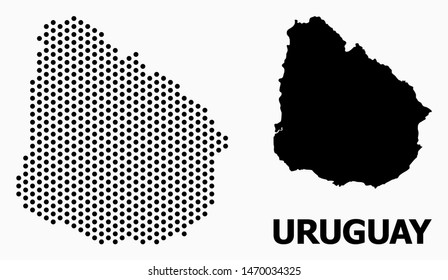 Dot map of Uruguay composition and solid illustration. Vector map of Uruguay composition of round pixels with honeycomb geometric order on a white background.