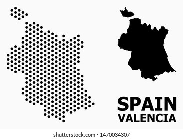 Dot map of Valencia Province composition and solid illustration. Vector map of Valencia Province composition of round elements with hexagonal geometric order on a white background.