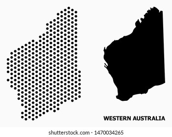 Dot map of Western Australia composition and solid illustration. Vector map of Western Australia composition of spheric points with honeycomb geometric order on a white background.