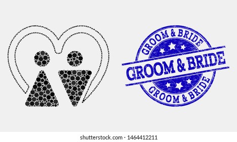 Dot married persons mosaic pictogram and Groom and Bride seal stamp. Blue vector round scratched seal stamp with Groom and Bride title. Vector combination in flat style.