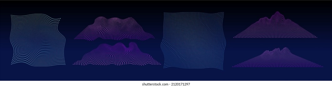 Dot mesh surface set, cyberpunk style illustration blank set, mesh curved surface templates, perspective surface mesh, wave gride template