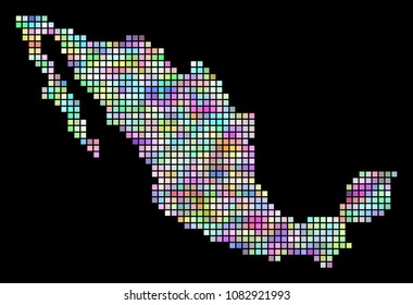Dot Mexico map. Vector geographic map in smoothed casual colors on a black background. Vector mosaic of Mexico map done with regular square particles.