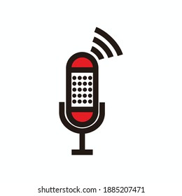 dot microphone style with connections signal for broadcast, podcast or music icon or logo - red, white and black illustrations 