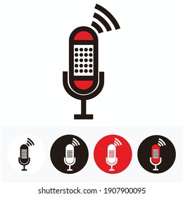 dot microphone style set with connections signal for broadcast, podcast or music icon or logo - red, white and black illustrations set
