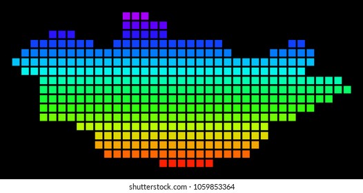 A dot Mongolia Map. Vector geographic map in bright spectrum colors on a black background. Multicolored vector abstract collage of Mongolia Map created of square dots.