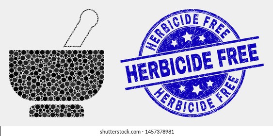 Dot Mortar Mosaic Icon And Herbicide Free Seal Stamp. Blue Vector Round Distress Seal Stamp With Herbicide Free Message. Vector Combination In Flat Style.