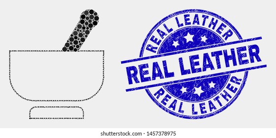 Dot mortar mosaic icon and Real Leather watermark. Blue vector rounded textured seal stamp with Real Leather text. Vector combination in flat style. Black isolated mortar mosaic of random spheres,