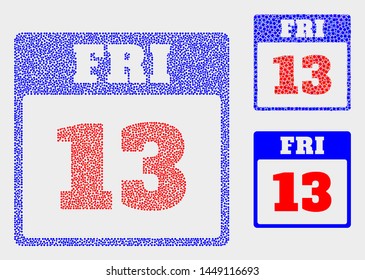 Dot and mosaic 13th Friday calendar page icons. Vector icon of 13th Friday calendar page composed of randomized circle pixels. Other pictogram is organized from square pixels.