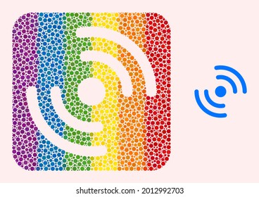 Dot mosaic air cooler rotation hole icon for LGBT. Colorful rounded rectangle mosaic is around air cooler rotation cut out shape. LGBT spectrum colors.