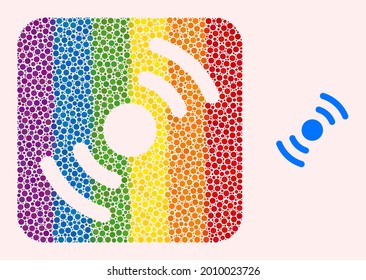 Dot mosaic air turbine rotation carved icon for LGBT. Color rounded square mosaic is around air turbine rotation carved shape. LGBT spectrum colors.