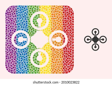 Dot mosaic airdrone stencil pictogram for LGBT. Rainbow colored rounded square mosaic is around airdrone carved shape. LGBT rainbow colors. Vector airdrone combination of sphere items.