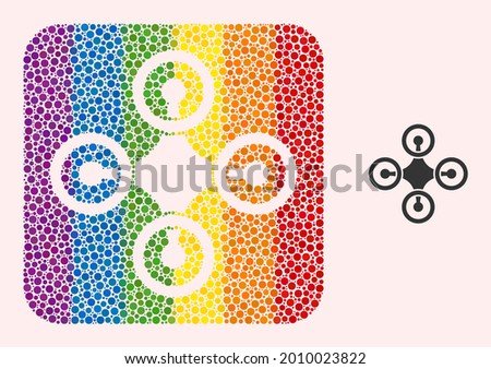 Dot mosaic airdrone stencil pictogram for LGBT. Rainbow colored rounded square mosaic is around airdrone carved shape. LGBT rainbow colors. Vector airdrone combination of sphere items.