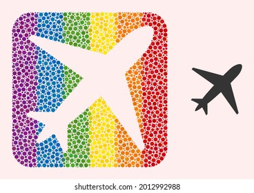 Dot mosaic airplane subtracted icon for LGBT. Multicolored rounded rectangle mosaic is around airplane subtracted space. LGBT rainbow colors. Vector airplane combination of round pixels.