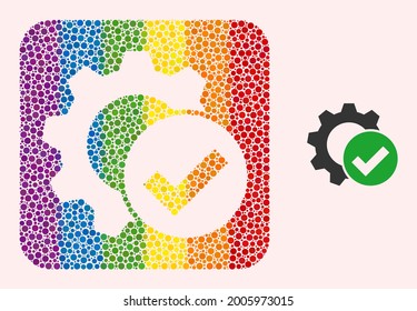 Dot mosaic apply settings gear stencil pictogram for LGBT. Multicolored rounded rectangle mosaic is around apply settings gear subtracted space. LGBT spectrum colors.