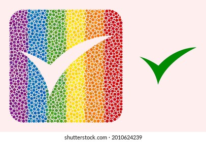 Mosaico de puntos aplica pictograma de plantilla para LGBT. El mosaico rectangular redondeado de color arcoiris está alrededor de un agujero de aplicación. Colores del arcoiris LGBT. El vector aplica la composición de los puntos redondos.