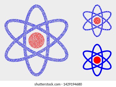 Dot and mosaic atom model icons. Vector icon of atom model designed of randomized circle pixels. Other pictogram is designed from square pixels.