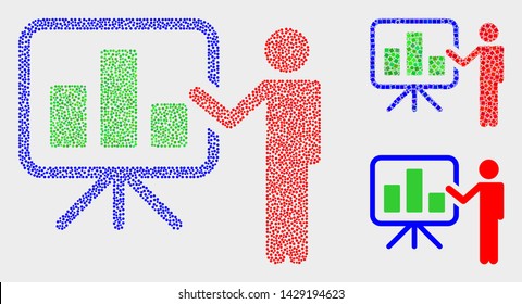 Dot and mosaic bar chart public report icons. Vector icon of bar chart public report created with scattered spheric elements. Other pictogram is created from small squares.