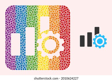 Dot mosaic bar chart settings hole icon for LGBT. Colorful rounded rectangle mosaic is around bar chart settings hole. LGBT spectrum colors. Vector bar chart settings composition of round pixels.