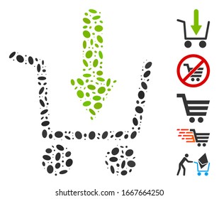 Dot Mosaic based on add to basket. Mosaic vector add to basket is formed with scattered oval items. Bonus icons are added.