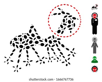 Dot Mosaic based on alien creature space suit. Mosaic vector alien creature space suit is formed with randomized ellipse dots. Bonus icons are added.