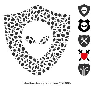 Dot Mosaic based on alien protection. Mosaic vector alien protection is designed with randomized ellipse items. Bonus icons are added.