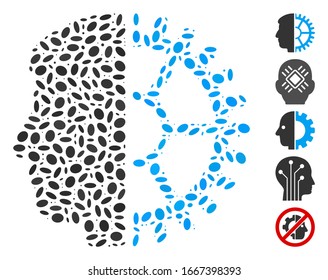 Dot Mosaic based on android head. Mosaic vector android head is composed with randomized ellipse elements. Bonus icons are added.