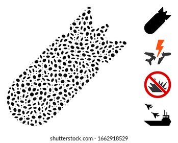 Dot Mosaic based on aviation bomb. Mosaic vector aviation bomb is composed with scattered oval elements.