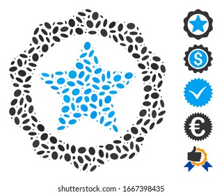 Dot Mosaic basiert auf dem Sternensiegel. Der Mosaik Vektorillustration Award Star-Siegel wird mit randomisierten ovalen Flecken erstellt. Bonussymbole werden hinzugefügt.