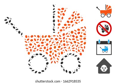 Dot Mosaic based on baby carriage. Mosaic vector baby carriage is designed with randomized ellipse elements.