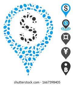 Dot Mosaic based on bank map pointer. Mosaic vector bank map pointer is formed with random oval dots. Bonus icons are added.