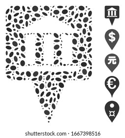 Mosaico de puntos basado en el puntero de la construcción del banco. El puntero de construcción del banco vectorial mosaico se crea con elementos elípticos aleatorizados. Se agregan iconos de bonificación.
