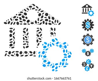 Dot Mosaic basado en opciones bancarias. Las opciones de banco vectorial mosaico se componen de artículos ovales dispersos. Se agregan iconos de bonificación.