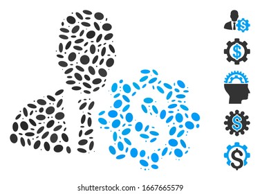 Dot Mosaic based on banker options gear. Mosaic vector banker options gear is formed with random elliptic dots. Bonus icons are added.