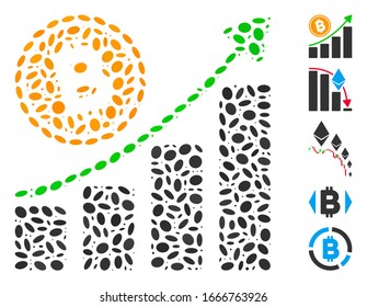 Dot Mosaic based on Bitcoin growth trend. Mosaic vector Bitcoin growth trend is formed with random oval spots. Bonus icons are added.