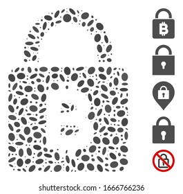 Dot Mosaic based on Bitcoin lock. Mosaic vector Bitcoin lock is created with random ellipse items. Bonus icons are added.