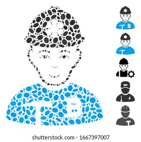 Dot Mosaic basado en el minero Bitcoin. El minero de bitcoin vector mosaico está diseñado con elementos ovales aleatorizados. Se agregan iconos de bonificación.