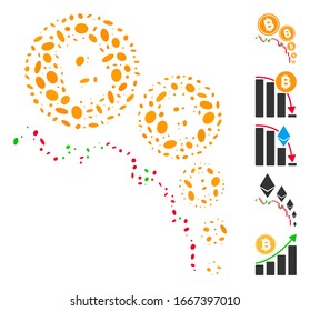 Dot Mosaic based on Bitcoin deflation chart. Mosaic vector Bitcoin deflation chart is formed with random oval elements. Bonus icons are added.