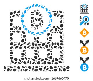 Dot Mosaic based on Bitcoin corporation building. Mosaic vector Bitcoin corporation building is created with randomized elliptic items. Bonus icons are added.