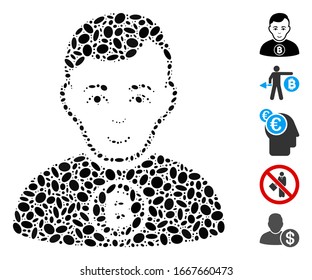 Dot Mosaic based on Bitcoin man. Mosaic vector Bitcoin man is composed with random ellipse dots. Bonus icons are added.