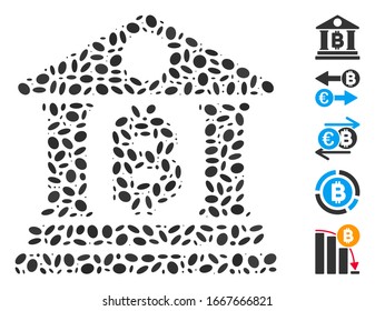 Dot Mosaic based on Bitcoin bank building. Mosaic vector Bitcoin bank building is composed with scattered elliptic items. Bonus icons are added.