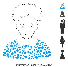 Punto Mosaico basado en mujer rubia. Mujer rubia vector mosaico está diseñada con puntos elípticos aleatorizados. Se agregan iconos de bonificación.