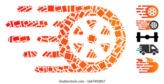 Dot Mosaic based on bolide car wheel. Mosaic vector bolide car wheel is formed with scattered rectangle spots. Bonus icons are added.