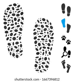 Dot Mosaic based on boot footprints. Mosaic vector boot footprints is formed with random elliptic spots. Bonus icons are added.